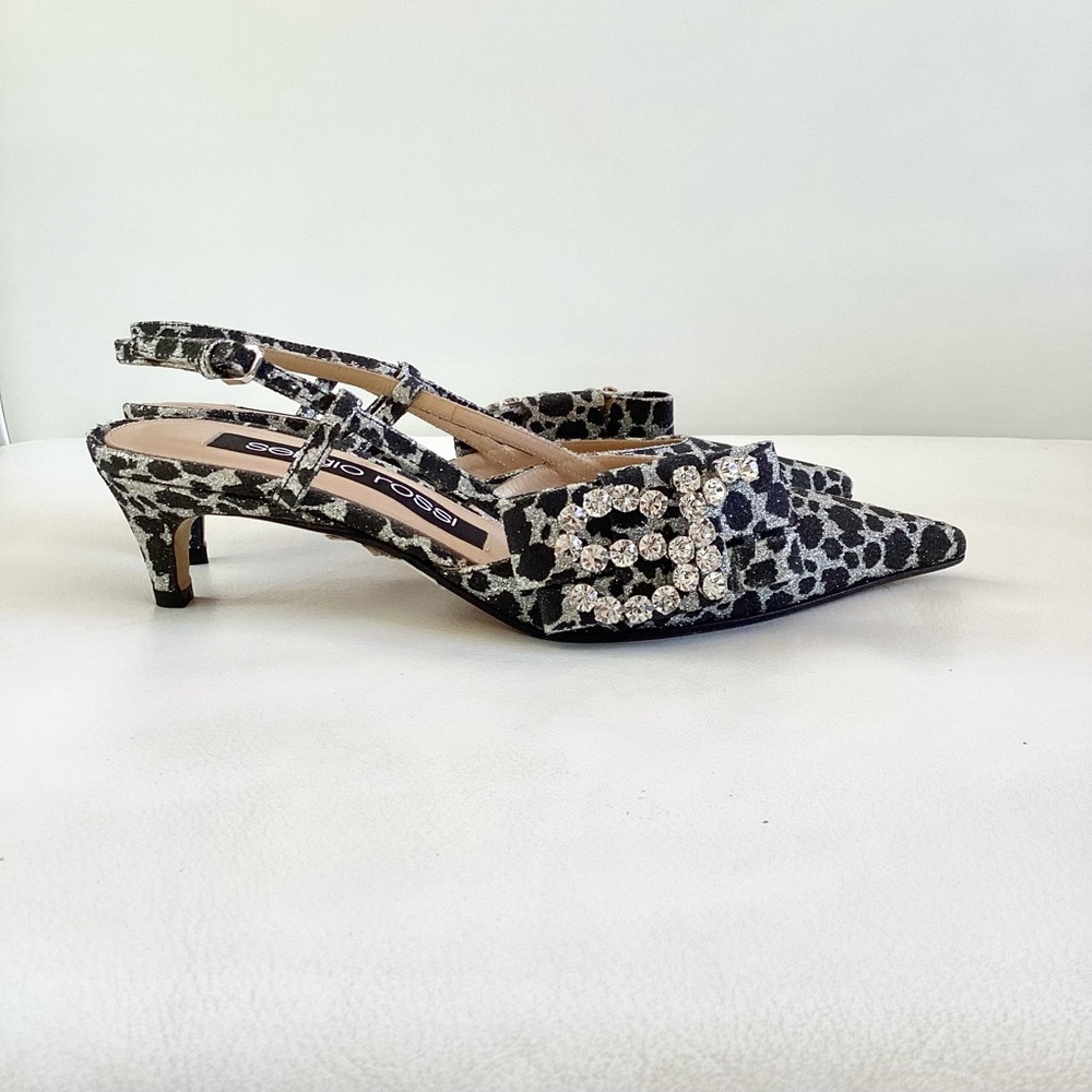 Sergio Rossi Metallic Silver/Black Leopard Pointed Kiten Heel Slingback Pump 6.5 - Picture 2 of 9